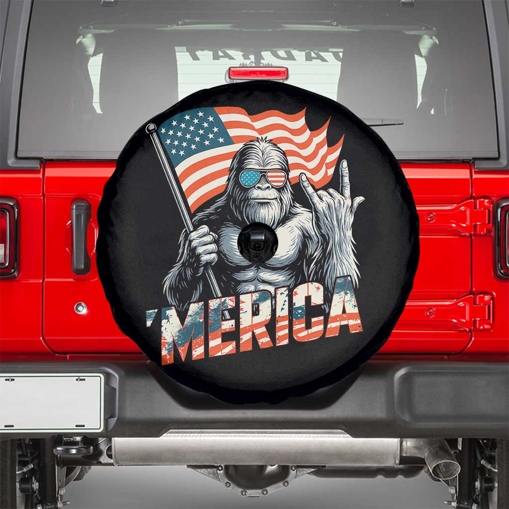 Funny Bigfoot Merica 4th Of July Spare Tire Cover American Flag Patriotic Sasquatch TS11 Black Print Your Wear