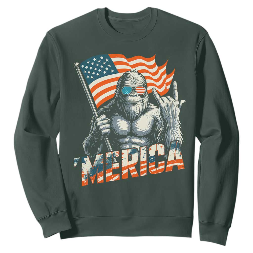 Funny Bigfoot Merica 4th Of July Sweatshirt American Flag Patriotic Sasquatch TS11 Dark Forest Green Print Your Wear