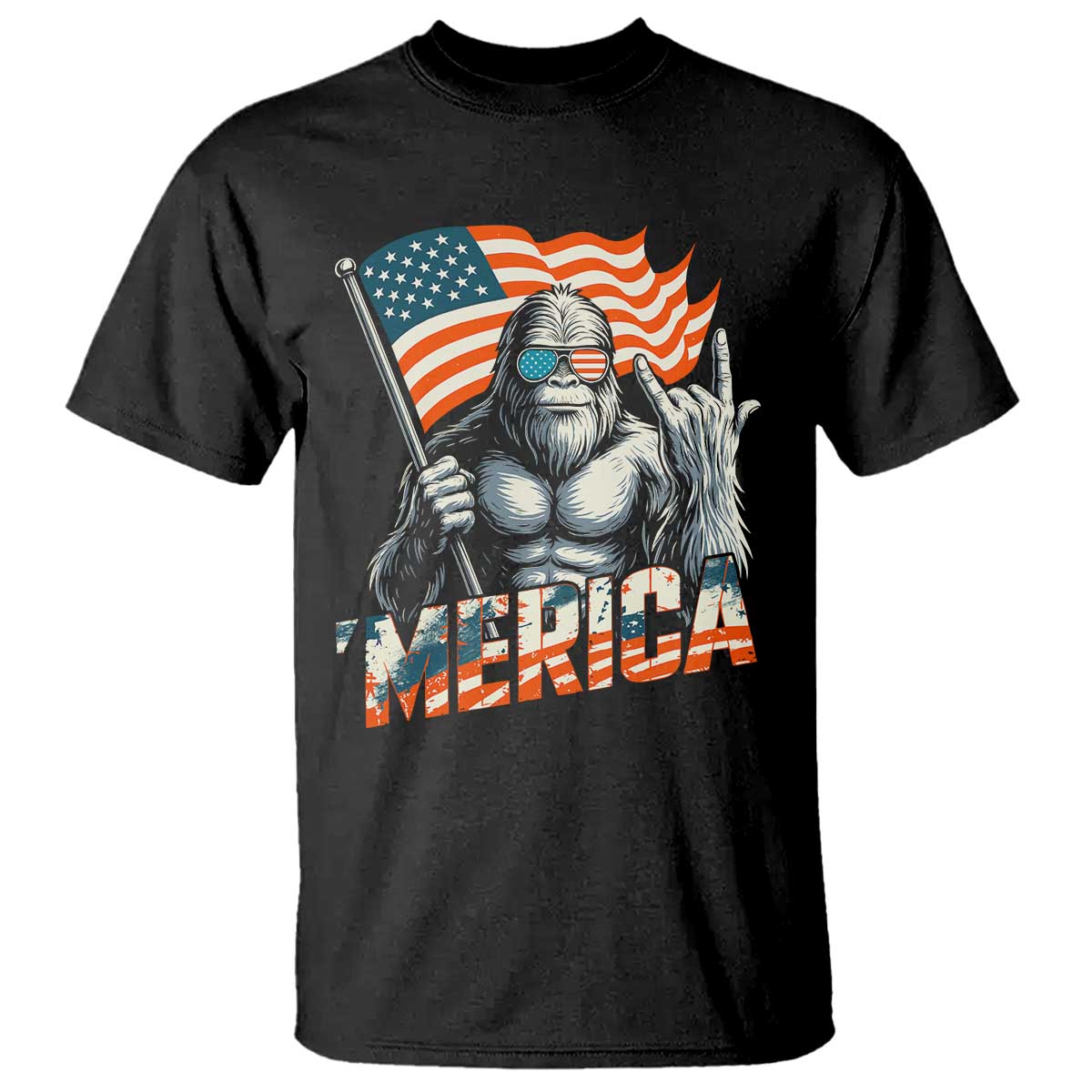 Funny Bigfoot Merica 4th Of July T Shirt American Flag Patriotic Sasquatch TS11 Black Print Your Wear