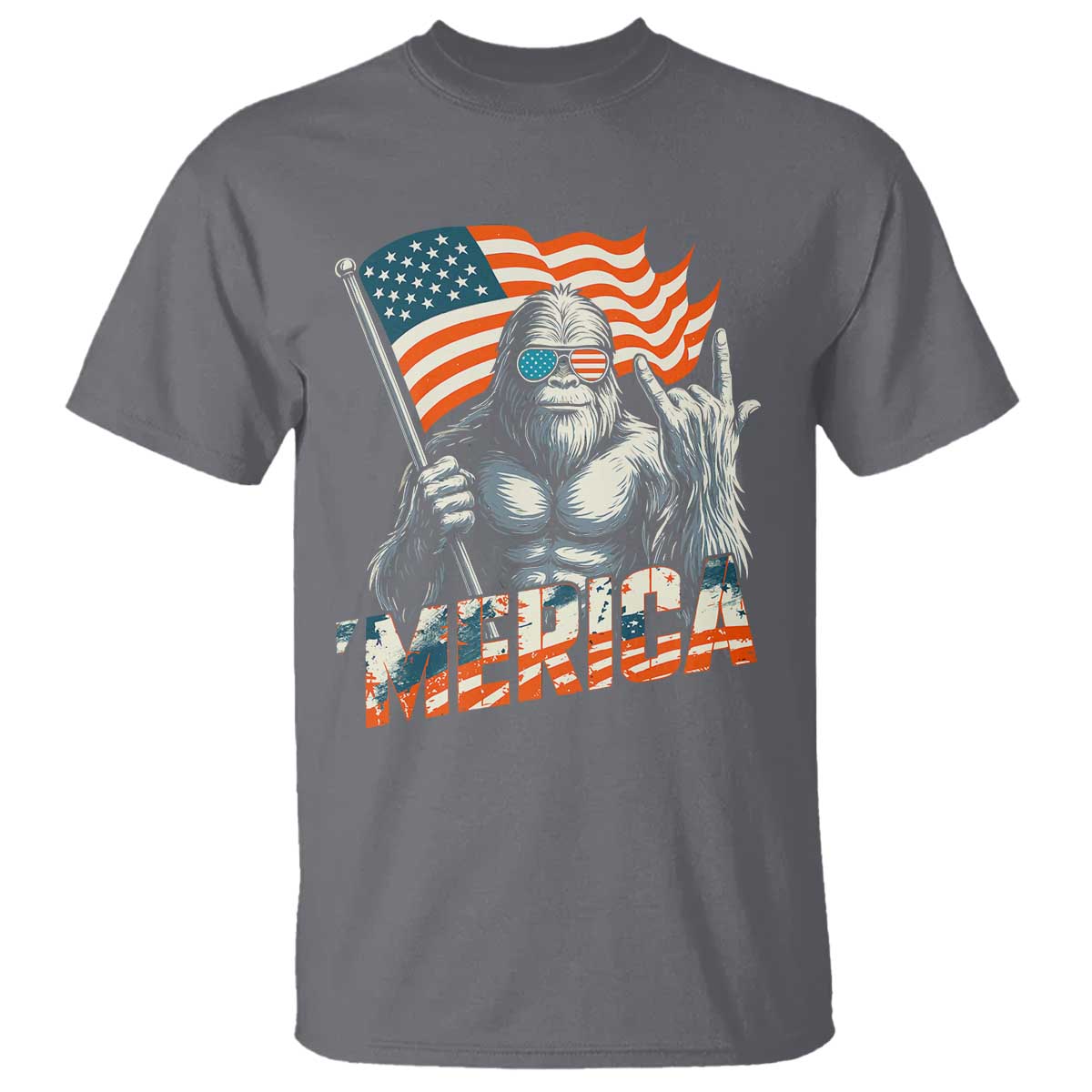 Funny Bigfoot Merica 4th Of July T Shirt American Flag Patriotic Sasquatch TS11 Charcoal Print Your Wear