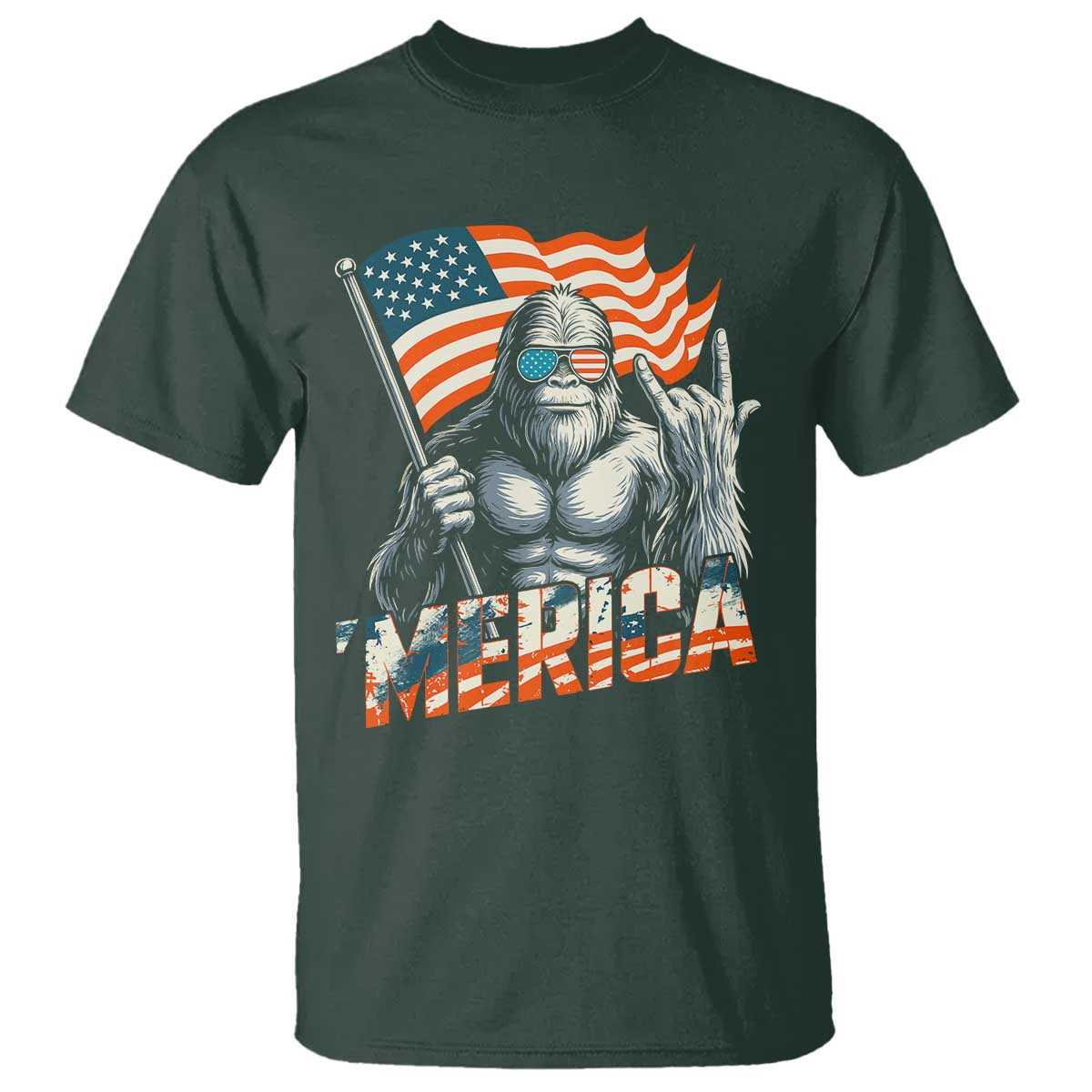 Funny Bigfoot Merica 4th Of July T Shirt American Flag Patriotic Sasquatch TS11 Dark Forest Green Print Your Wear