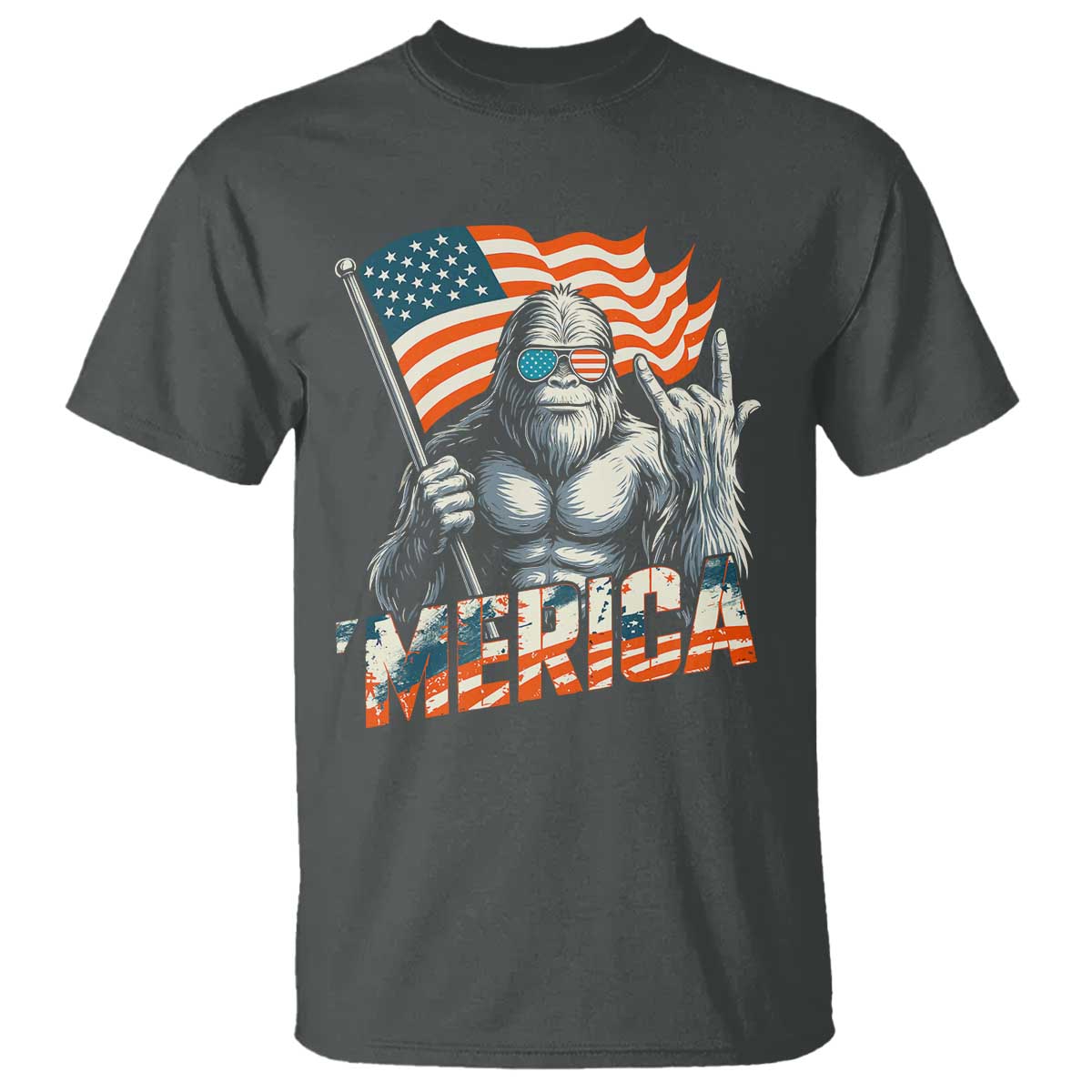 Funny Bigfoot Merica 4th Of July T Shirt American Flag Patriotic Sasquatch TS11 Dark Heather Print Your Wear