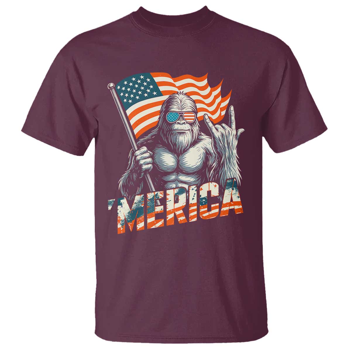 Funny Bigfoot Merica 4th Of July T Shirt American Flag Patriotic Sasquatch TS11 Maroon Print Your Wear