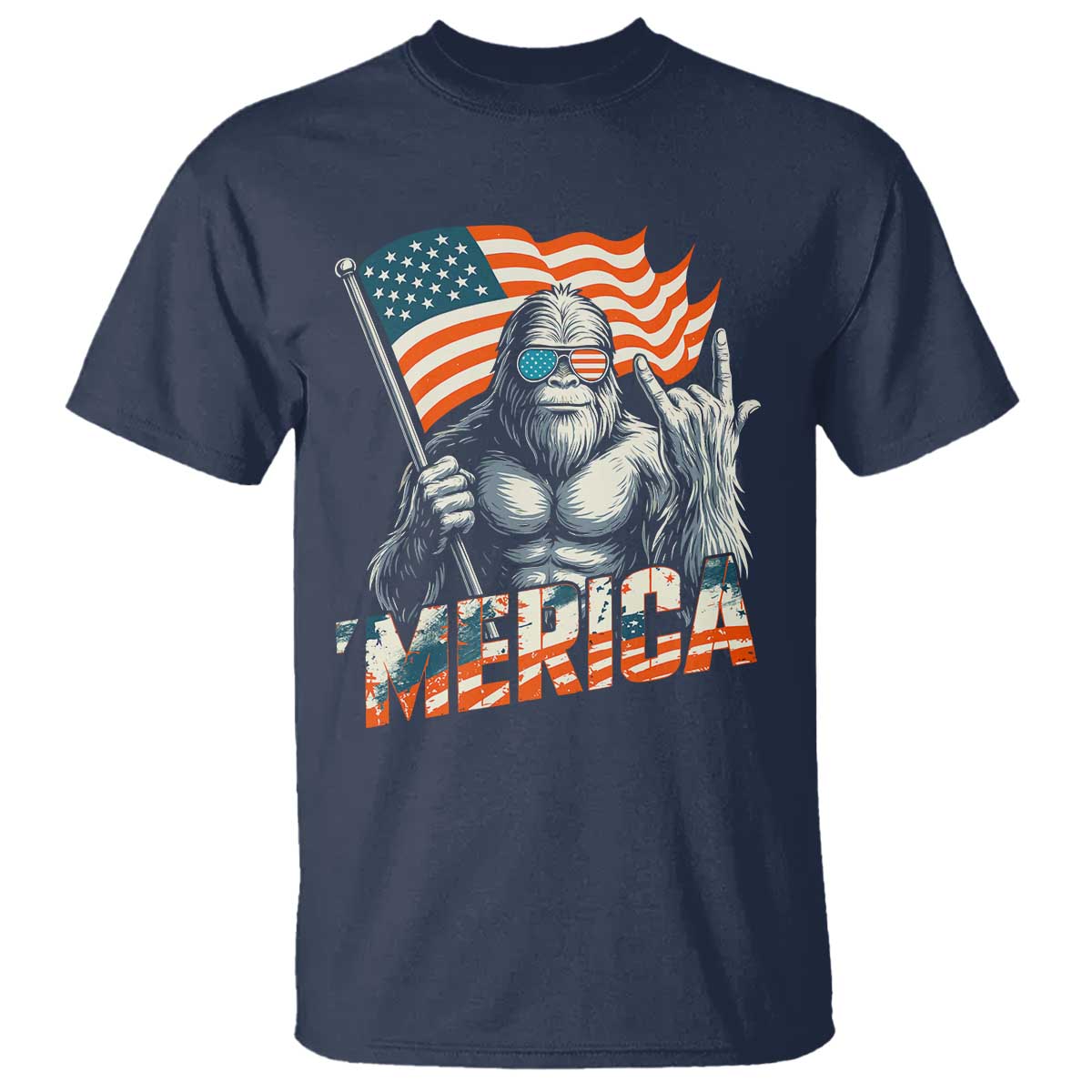 Funny Bigfoot Merica 4th Of July T Shirt American Flag Patriotic Sasquatch TS11 Navy Print Your Wear