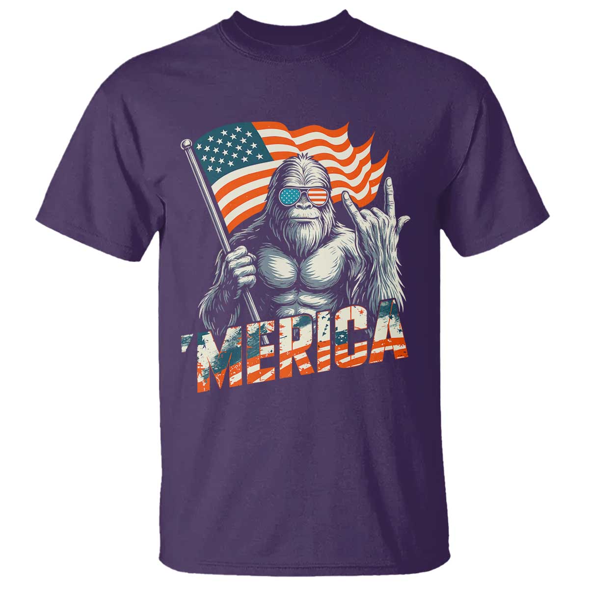 Funny Bigfoot Merica 4th Of July T Shirt American Flag Patriotic Sasquatch TS11 Purple Print Your Wear