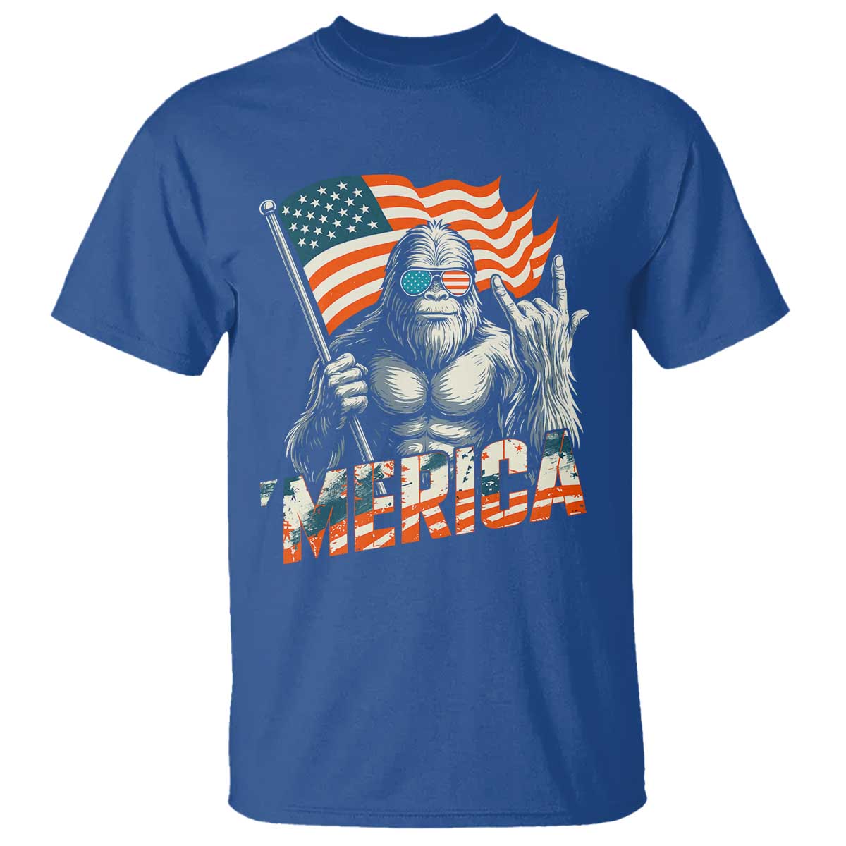 Funny Bigfoot Merica 4th Of July T Shirt American Flag Patriotic Sasquatch TS11 Royal Blue Print Your Wear