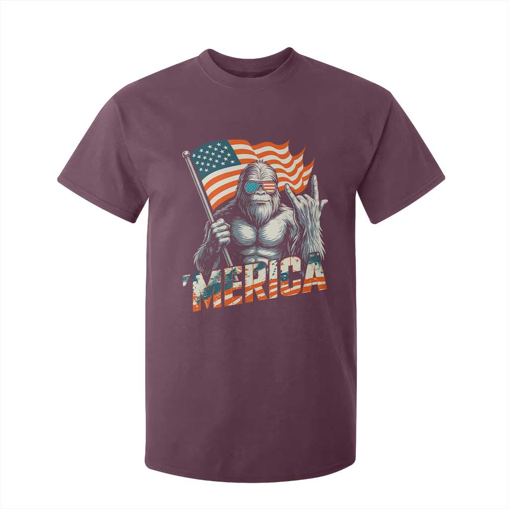 Funny Bigfoot Merica 4th Of July T Shirt For Kid American Flag Patriotic Sasquatch TS11 Maroon Print Your Wear
