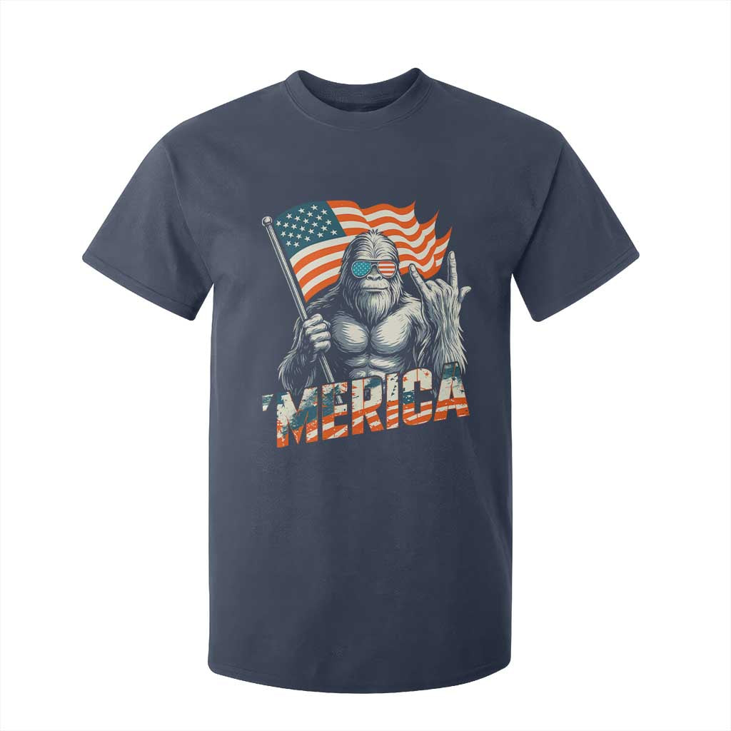 Funny Bigfoot Merica 4th Of July T Shirt For Kid American Flag Patriotic Sasquatch TS11 Navy Print Your Wear