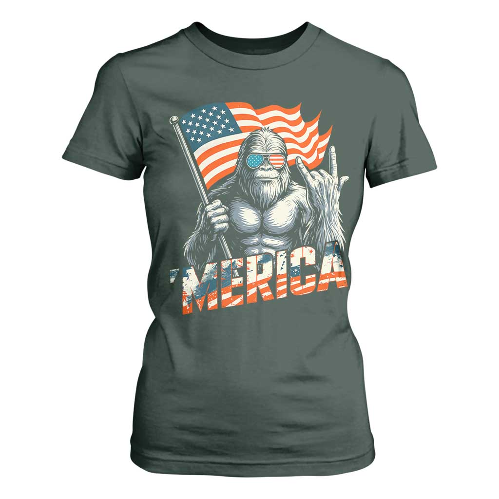 Funny Bigfoot Merica 4th Of July T Shirt For Women American Flag Patriotic Sasquatch TS11 Dark Forest Green Print Your Wear