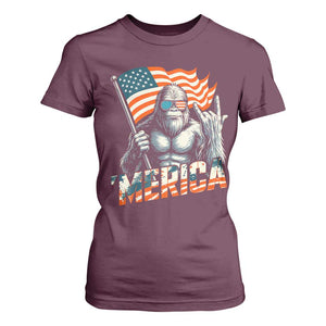 Funny Bigfoot Merica 4th Of July T Shirt For Women American Flag Patriotic Sasquatch TS11 Maroon Print Your Wear