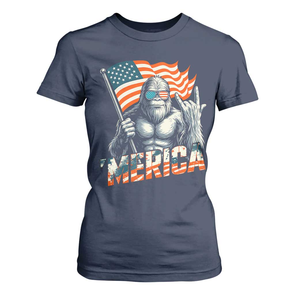 Funny Bigfoot Merica 4th Of July T Shirt For Women American Flag Patriotic Sasquatch TS11 Navy Print Your Wear