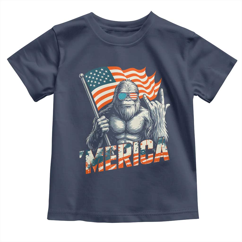 Funny Bigfoot Merica 4th Of July Toddler T Shirt American Flag Patriotic Sasquatch TS11 Navy Print Your Wear