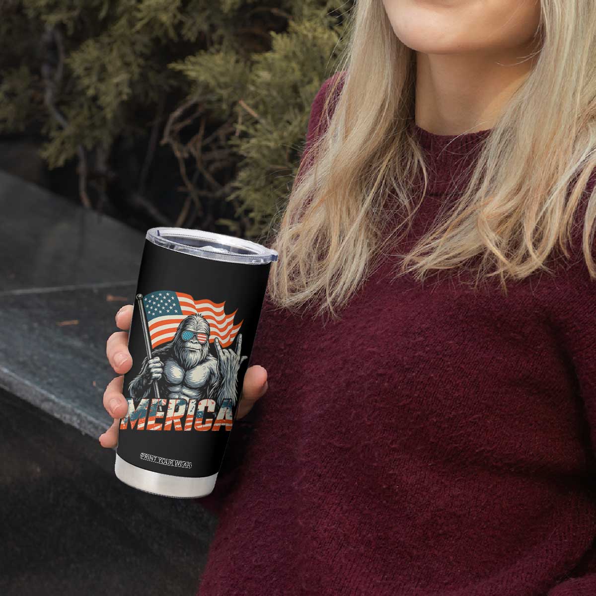 Funny Bigfoot Merica 4th Of July Tumbler Cup American Flag Patriotic Sasquatch TS11 Print Your Wear