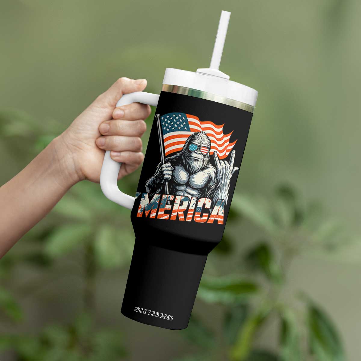 Funny Bigfoot Merica 4th Of July Tumbler With Handle American Flag Patriotic Sasquatch TS11 Print Your Wear