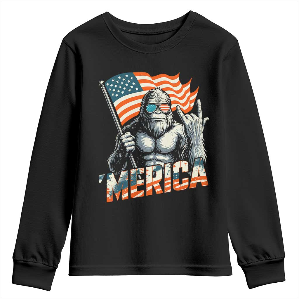 Funny Bigfoot Merica 4th Of July Youth Sweatshirt American Flag Patriotic Sasquatch TS11 Black Print Your Wear