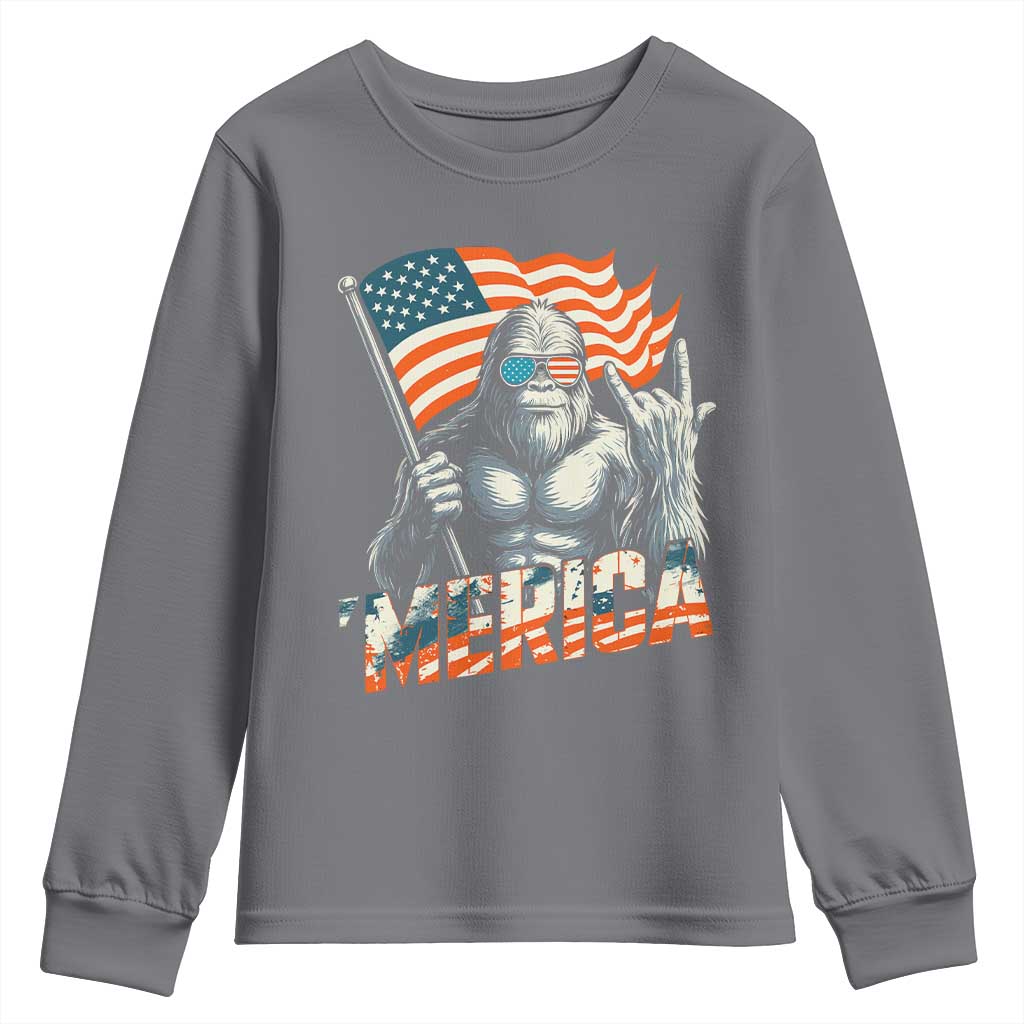 Funny Bigfoot Merica 4th Of July Youth Sweatshirt American Flag Patriotic Sasquatch TS11 Charcoal Print Your Wear