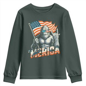 Funny Bigfoot Merica 4th Of July Youth Sweatshirt American Flag Patriotic Sasquatch TS11 Dark Forest Green Print Your Wear