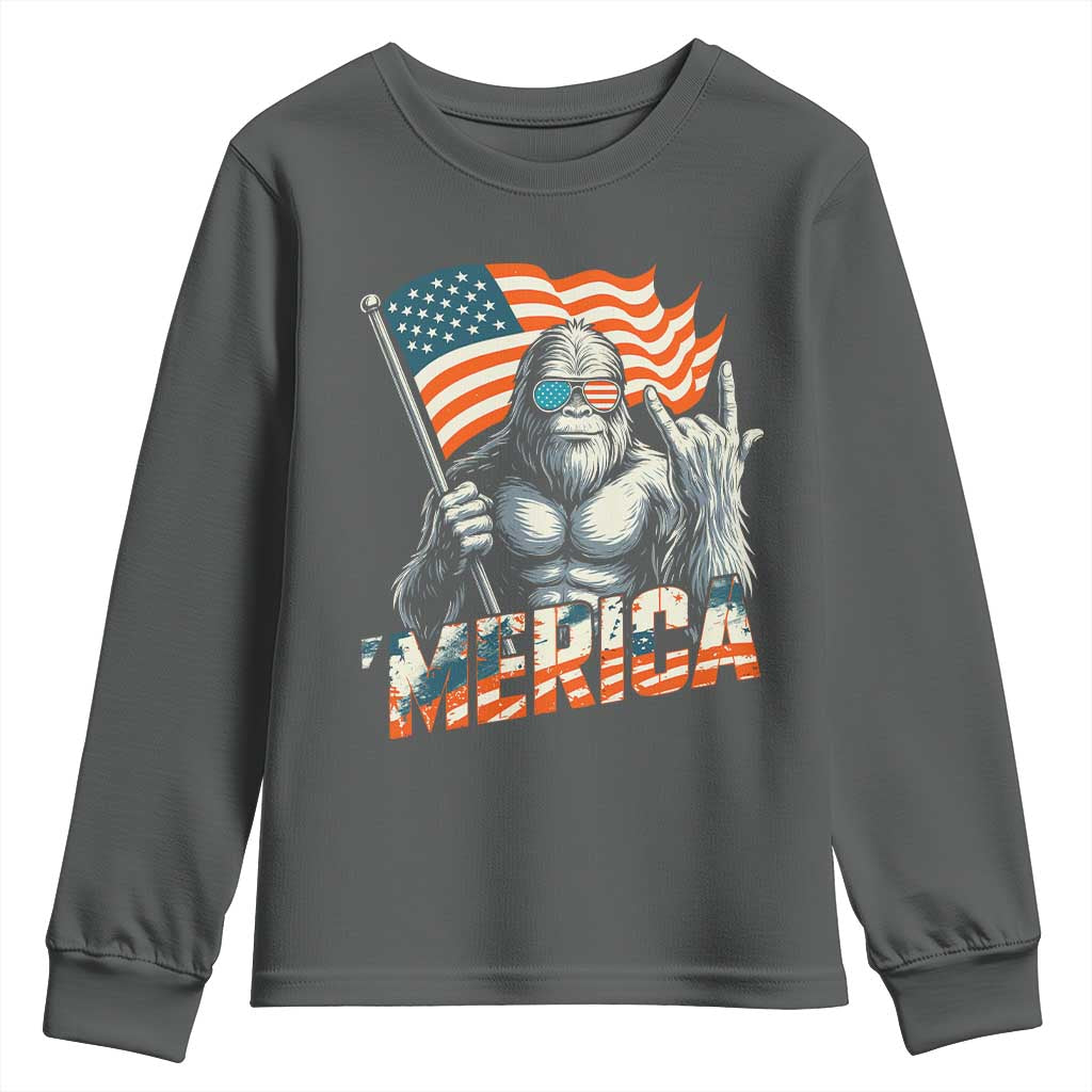 Funny Bigfoot Merica 4th Of July Youth Sweatshirt American Flag Patriotic Sasquatch TS11 Dark Heather Print Your Wear