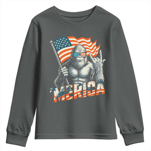Funny Bigfoot Merica 4th Of July Youth Sweatshirt American Flag Patriotic Sasquatch TS11 Dark Heather Print Your Wear