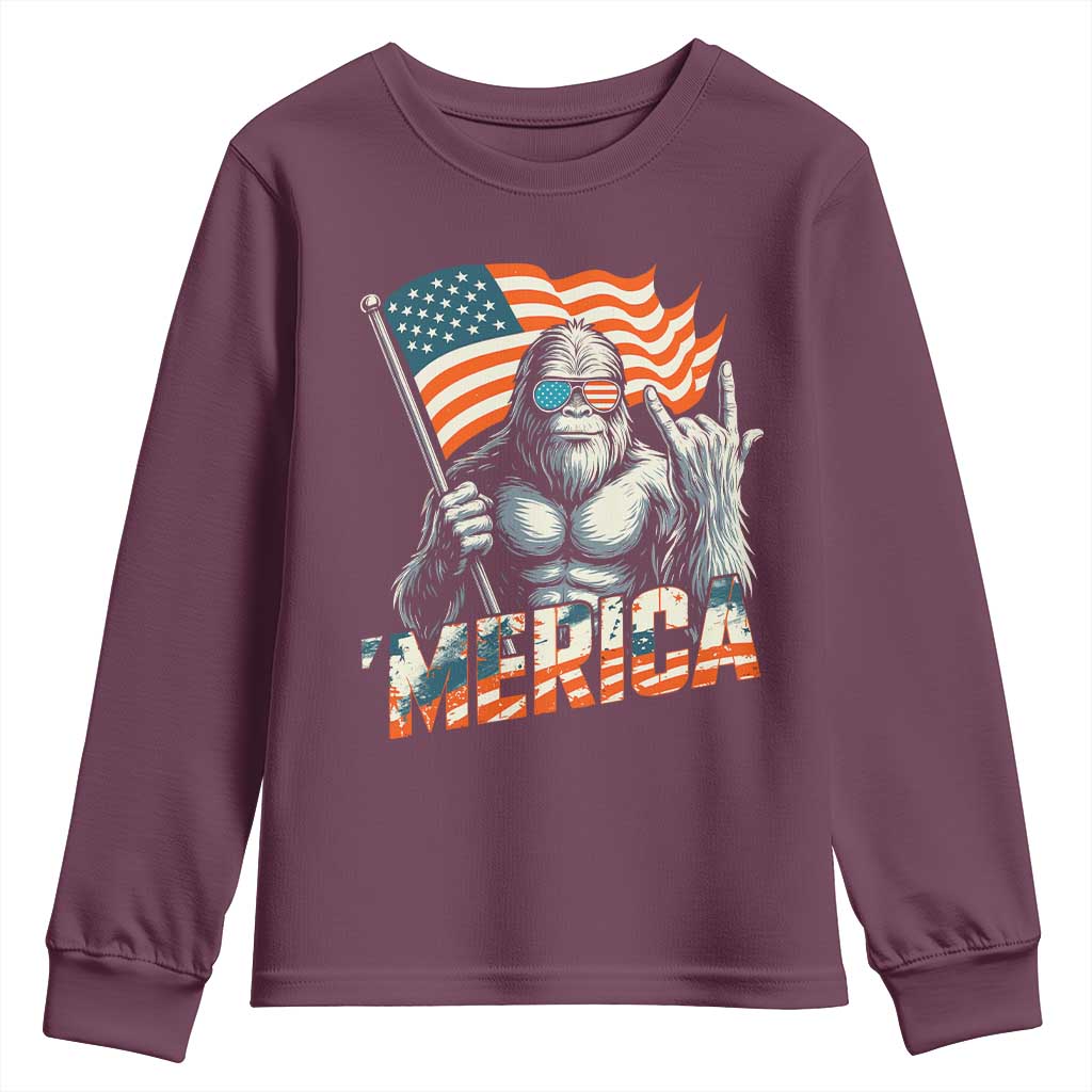 Funny Bigfoot Merica 4th Of July Youth Sweatshirt American Flag Patriotic Sasquatch TS11 Maroon Print Your Wear