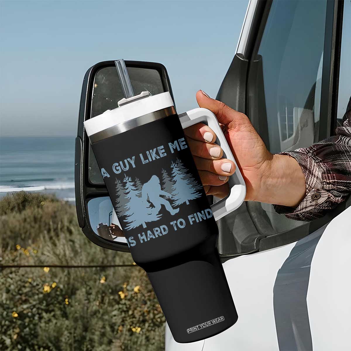 Funny Bigfoot Sasquatch Tumbler With Handle A Guy Like Me Is Hard To Find Forest Silhouette TS02 Print Your Wear