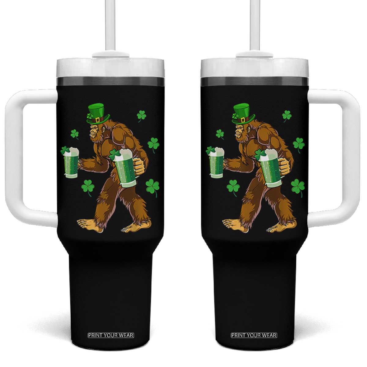 Funny Bigfoot St Patrick's Day Irish Beer Drinking Tumbler With Handle TS11 One Size: 40 oz Black Print Your Wear