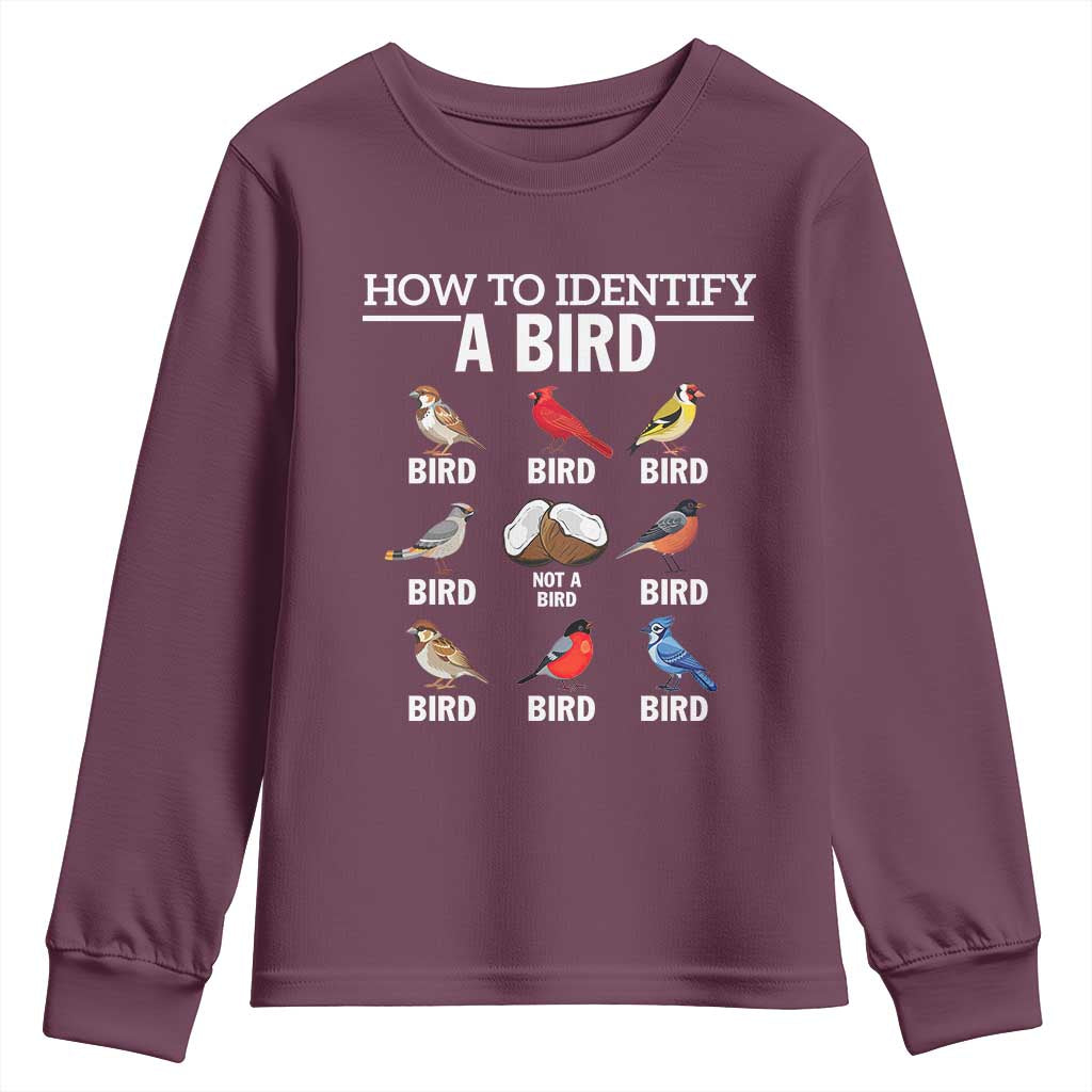 Funny Bird Watching Youth Sweatshirt How To Identify A Bird TS02 Maroon Print Your Wear