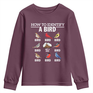 Funny Bird Watching Youth Sweatshirt How To Identify A Bird TS02 Maroon Print Your Wear