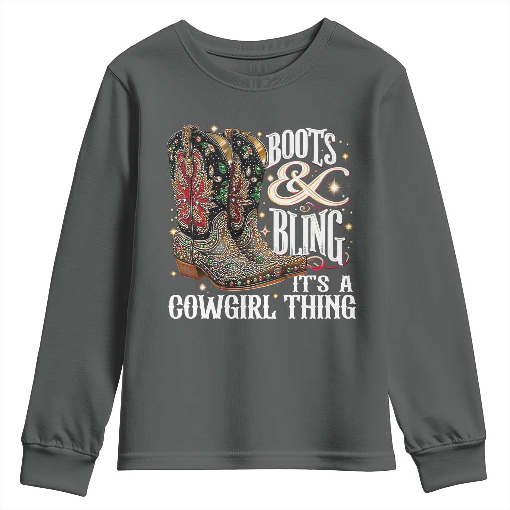 Funny Boots And Bling Its A Cowgirl Thing Youth Sweatshirt Western Country Girl Boots TS11 Dark Heather Print Your Wear