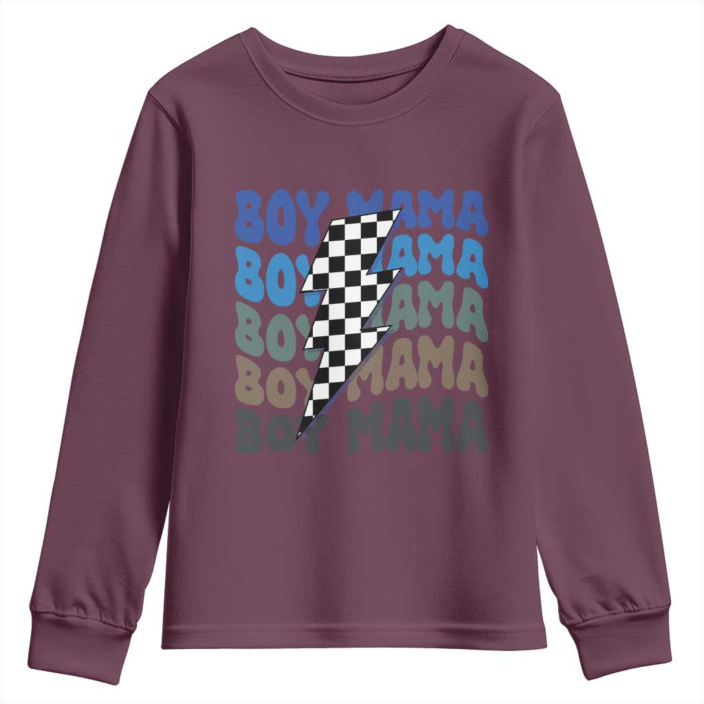 Funny Boy Mama Youth Sweatshirt Mother's Day Checkered Lightning Bolt TS11 Maroon Print Your Wear