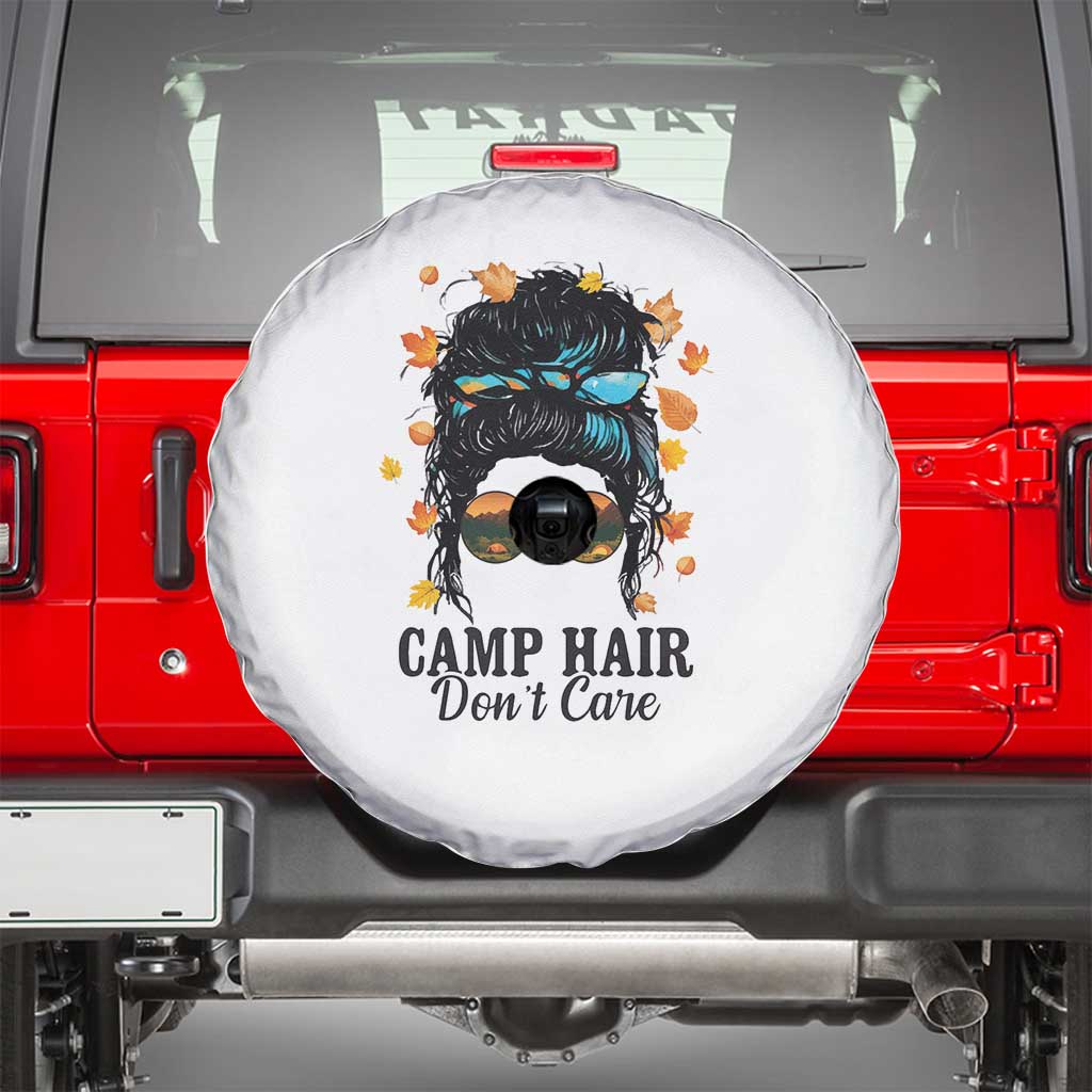 Funny Camping Lover Spare Tire Cover Camp Hair Don't Care Messy Bun Camper TS11 White Print Your Wear