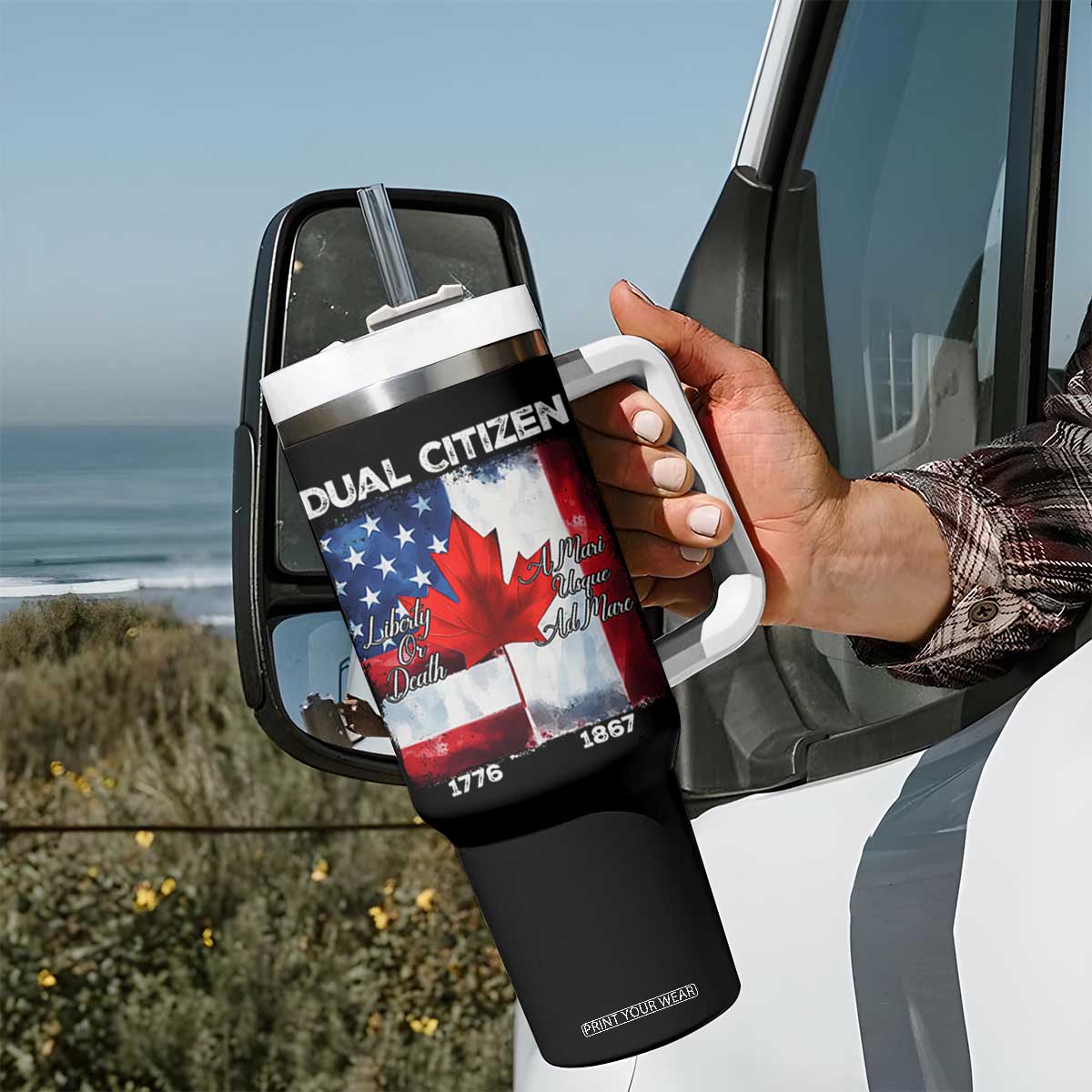 Funny Canadian American Tumbler With Handle Dual Citizen Liberty Or Death A Mari Usque Ad Mare TS11 Print Your Wear