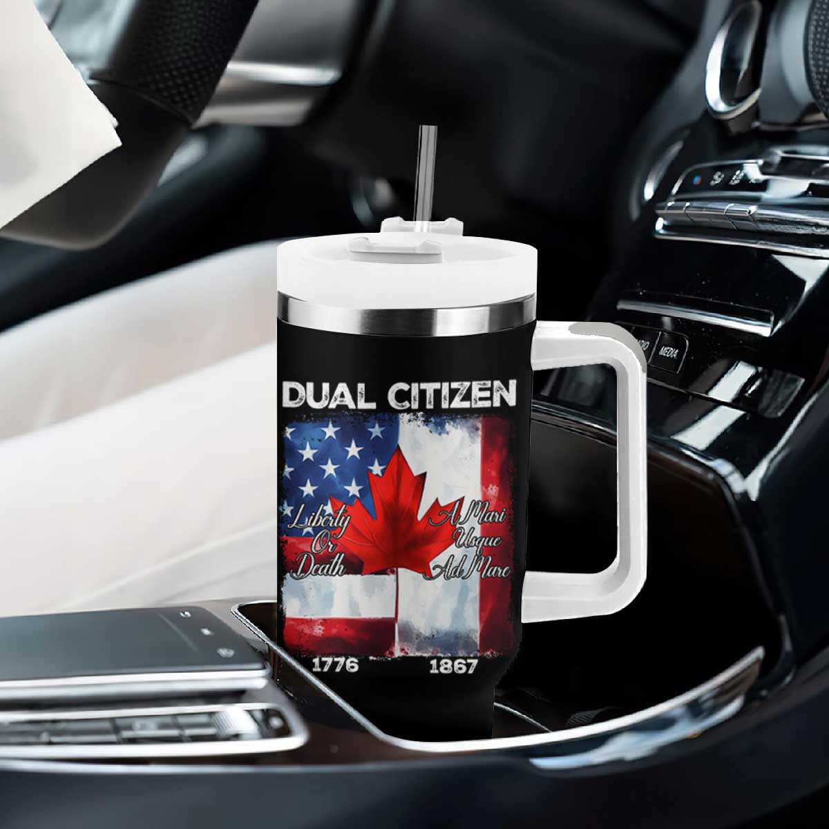 Funny Canadian American Tumbler With Handle Dual Citizen Liberty Or Death A Mari Usque Ad Mare TS11 Print Your Wear