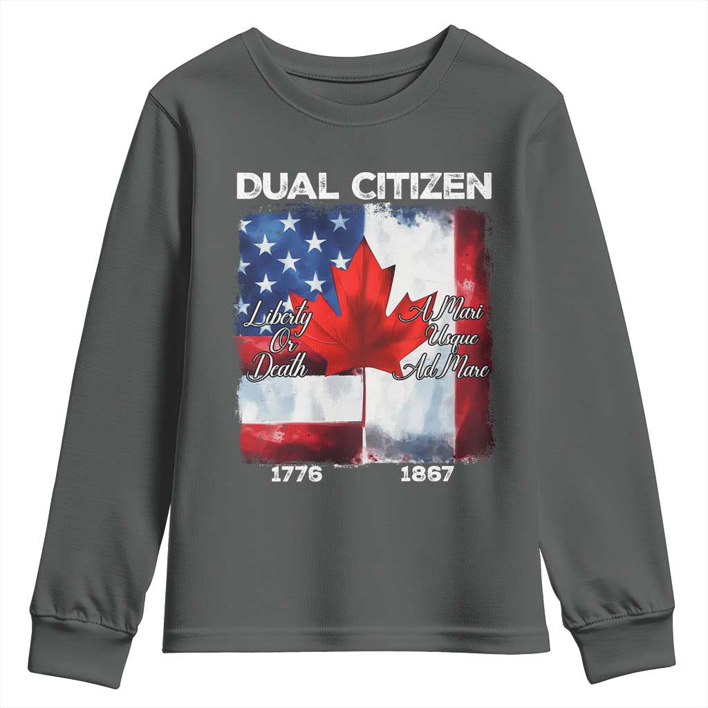 Funny Canadian American Youth Sweatshirt Dual Citizen Liberty Or Death A Mari Usque Ad Mare TS11 Dark Heather Print Your Wear