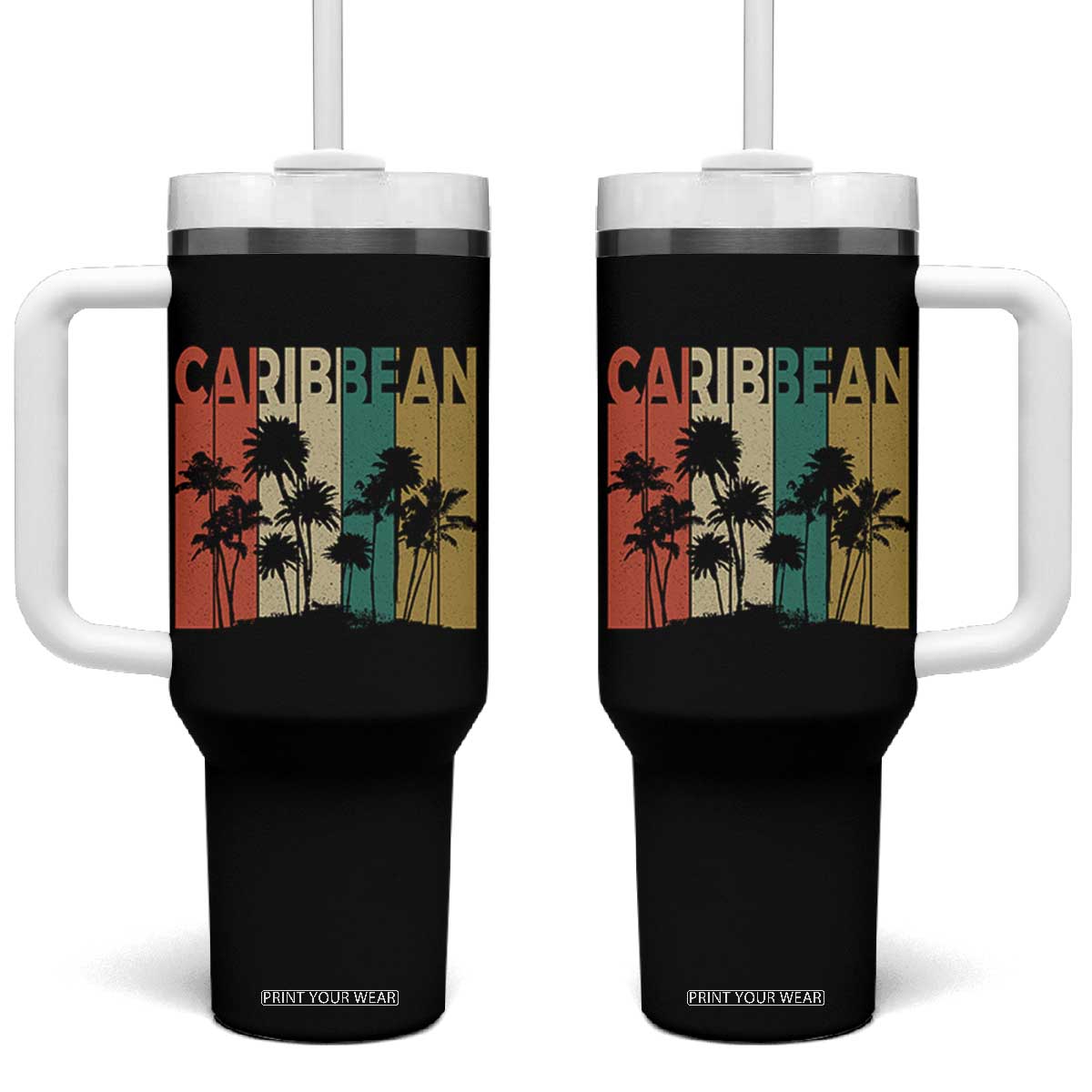 Funny Caribbean Vintage Palm Tree Sunset Summer Beach Vacation Tumbler With Handle TS11 One Size: 40 oz Black Print Your Wear