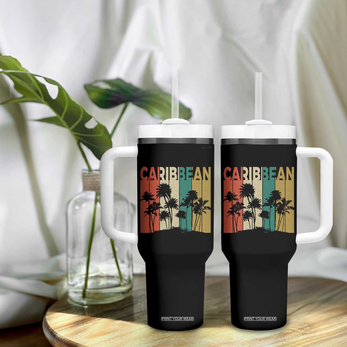 Funny Caribbean Vintage Palm Tree Sunset Summer Beach Vacation Tumbler With Handle TS11 Print Your Wear