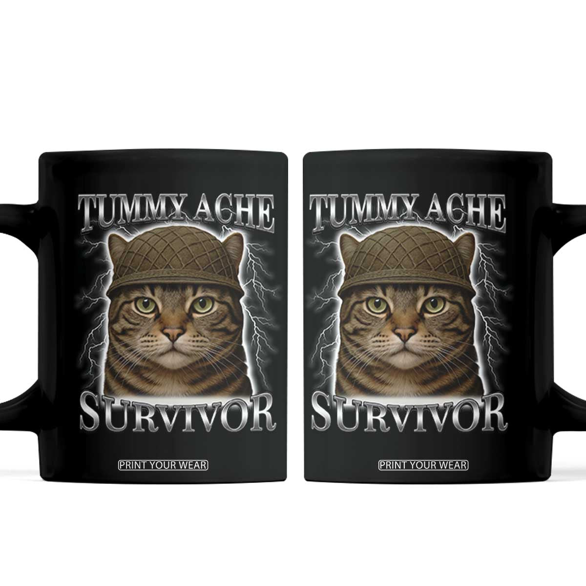 Funny Cat Meme Humor Coffee Mug Tummy Ache Survivor Lightning Cats Parody TS02 Black Print Your Wear