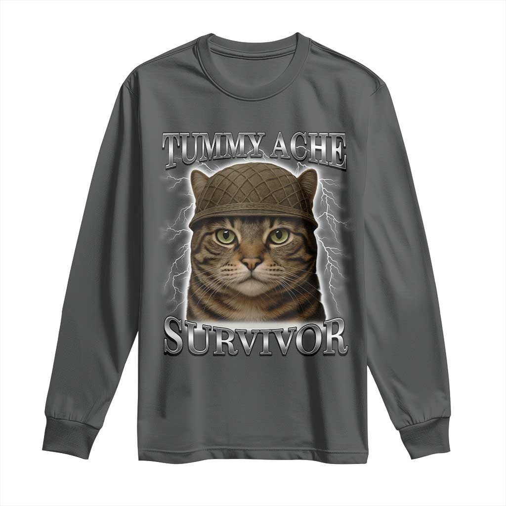 Funny Cat Meme Humor Long Sleeve Shirt Tummy Ache Survivor Lightning Cats Parody TS02 Dark Heather Print Your Wear
