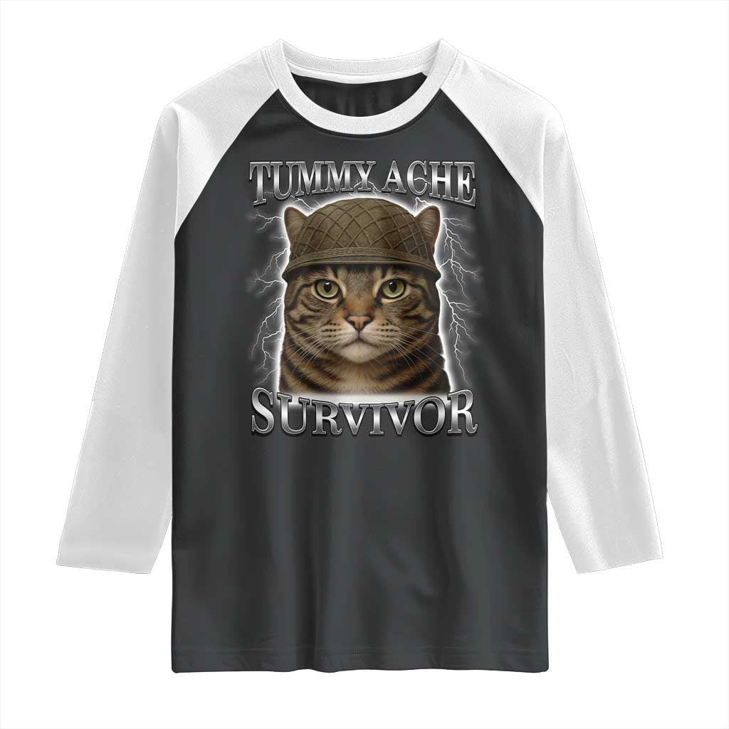 Funny Cat Meme Humor Raglan Shirt Tummy Ache Survivor Lightning Cats Parody TS02 Black White Print Your Wear