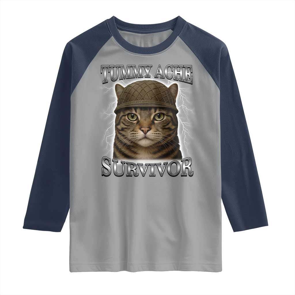 Funny Cat Meme Humor Raglan Shirt Tummy Ache Survivor Lightning Cats Parody TS02 Sport Gray Navy Print Your Wear