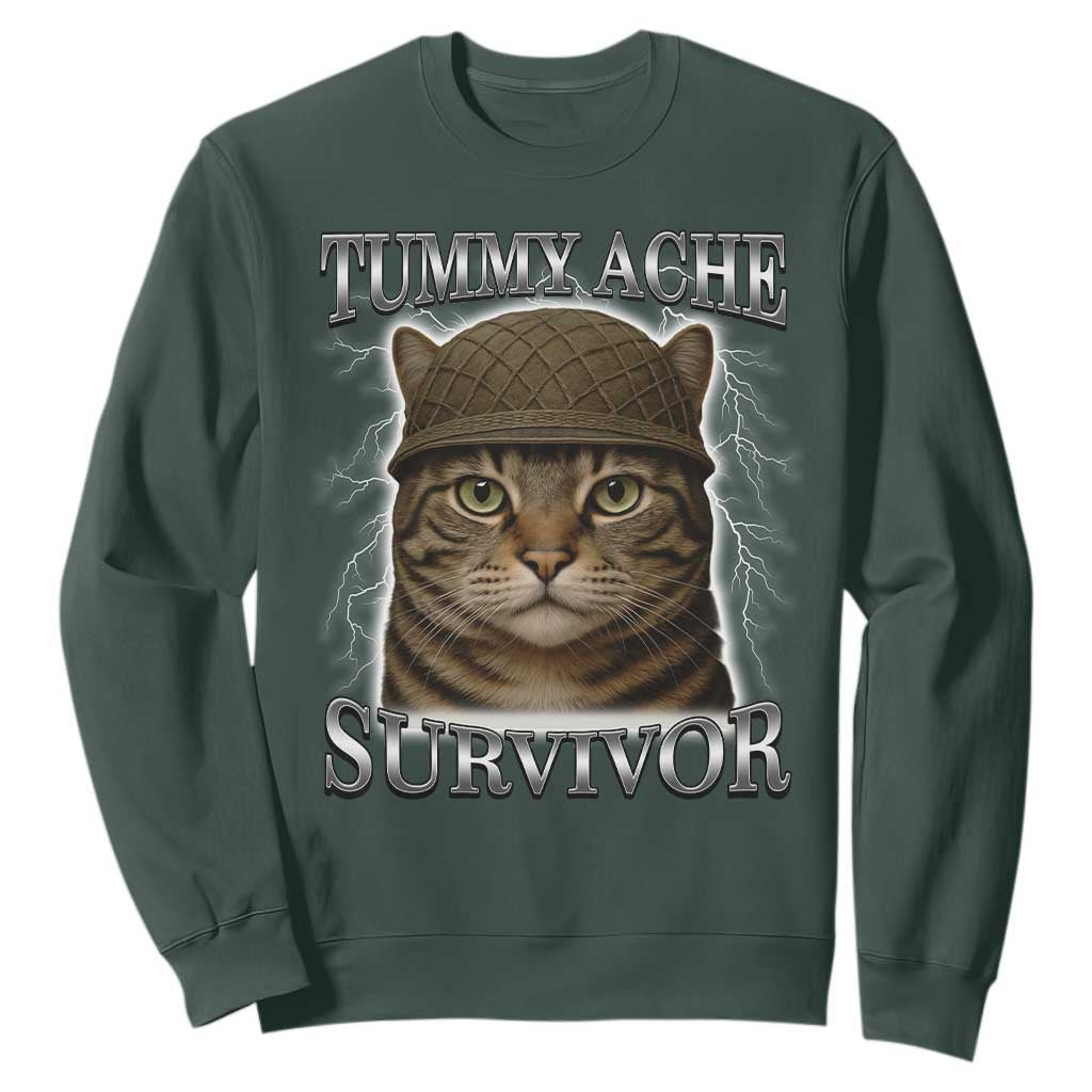 Funny Cat Meme Humor Sweatshirt Tummy Ache Survivor Lightning Cats Parody TS02 Dark Forest Green Print Your Wear