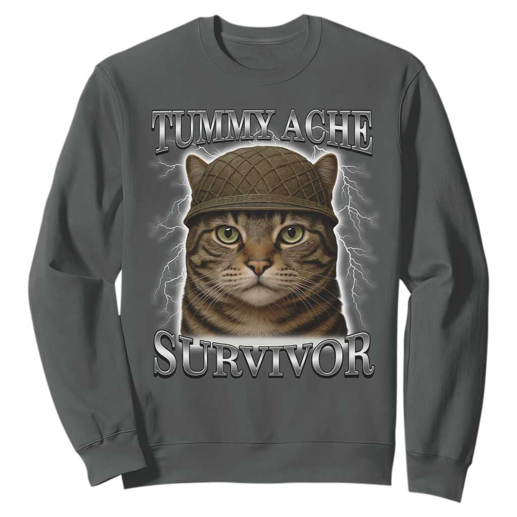 Funny Cat Meme Humor Sweatshirt Tummy Ache Survivor Lightning Cats Parody TS02 Dark Heather Print Your Wear