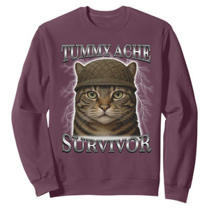 Funny Cat Meme Humor Sweatshirt Tummy Ache Survivor Lightning Cats Parody TS02 Maroon Print Your Wear