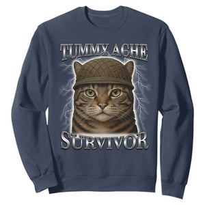 Funny Cat Meme Humor Sweatshirt Tummy Ache Survivor Lightning Cats Parody TS02 Navy Print Your Wear