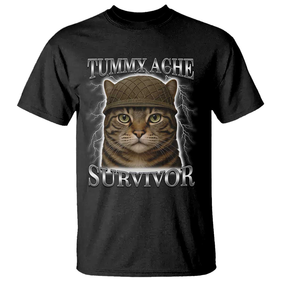 Funny Cat Meme Humor T Shirt Tummy Ache Survivor Lightning Cats Parody TS02 Black Print Your Wear