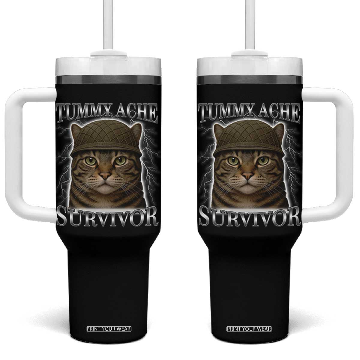 Funny Cat Meme Humor Tumbler With Handle Tummy Ache Survivor Lightning Cats Parody TS02 One Size: 40 oz Black Print Your Wear