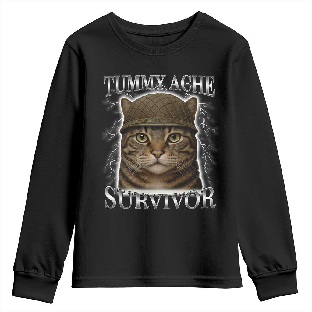 Funny Cat Meme Humor Youth Sweatshirt Tummy Ache Survivor Lightning Cats Parody TS02 Black Print Your Wear