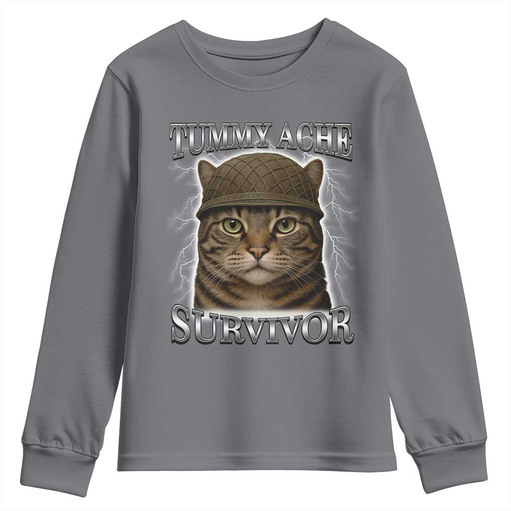 Funny Cat Meme Humor Youth Sweatshirt Tummy Ache Survivor Lightning Cats Parody TS02 Charcoal Print Your Wear