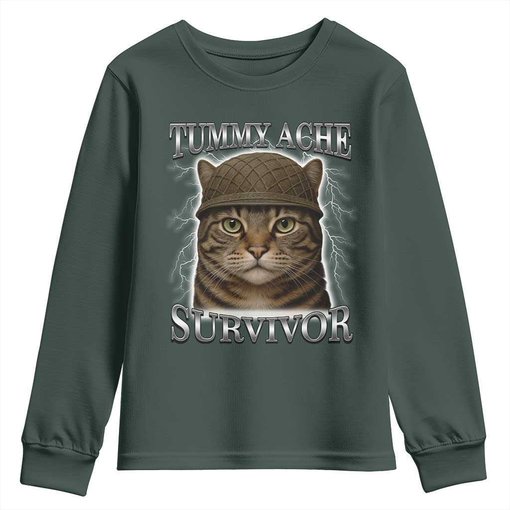 Funny Cat Meme Humor Youth Sweatshirt Tummy Ache Survivor Lightning Cats Parody TS02 Dark Forest Green Print Your Wear