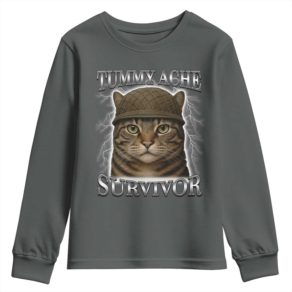 Funny Cat Meme Humor Youth Sweatshirt Tummy Ache Survivor Lightning Cats Parody TS02 Dark Heather Print Your Wear